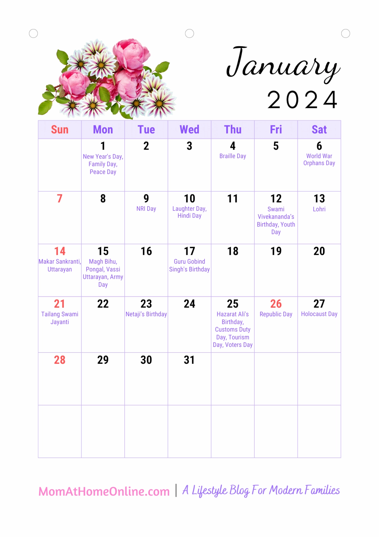 Sample Free Printable Calendar 2024 - January 2024
